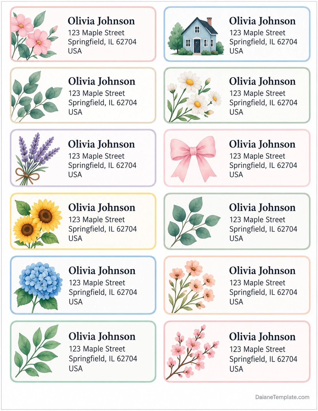 Address Label Template Printable address label template sheet with pastel borders, floral and botanical illustrations, and sample recipient names and mailing addresses