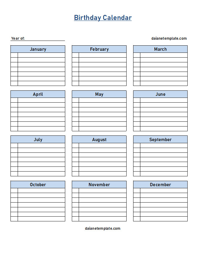 Birthday Calendar Template A birthday calendar template with monthly sections for listing names and birthdates, providing a clear overview of upcoming birthdays throughout the year.