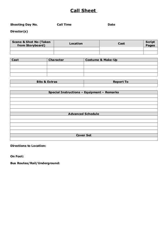 Blank Call Sheet Template