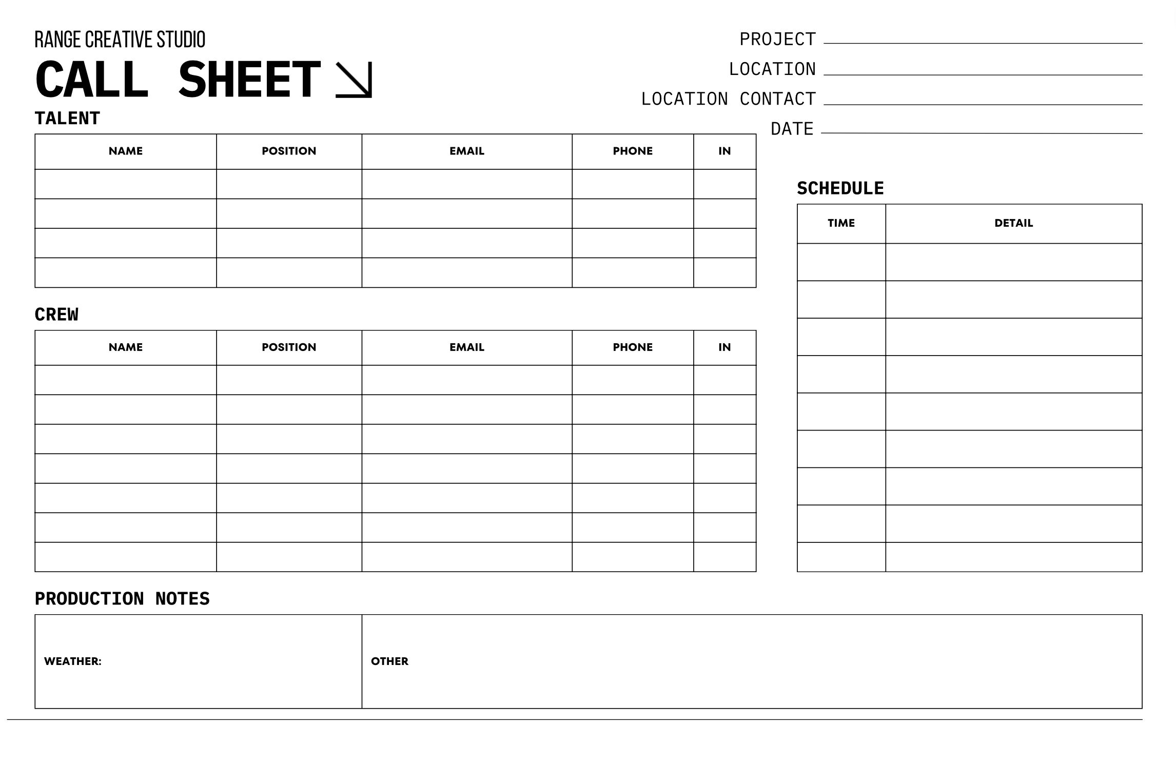 Blank Call Sheet Template