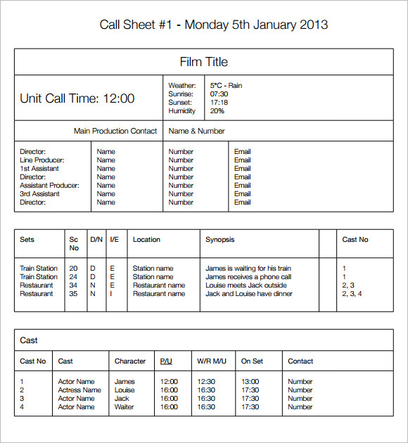 Blank Call Sheet Template