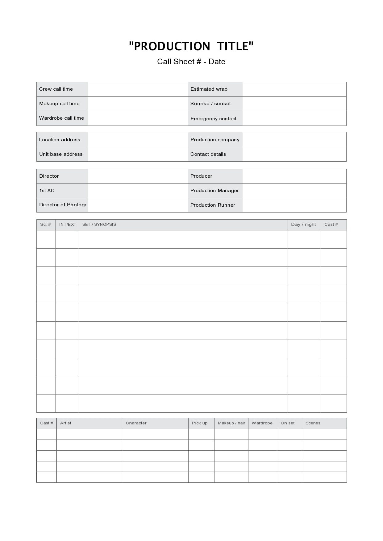 Blank Call Sheet Template