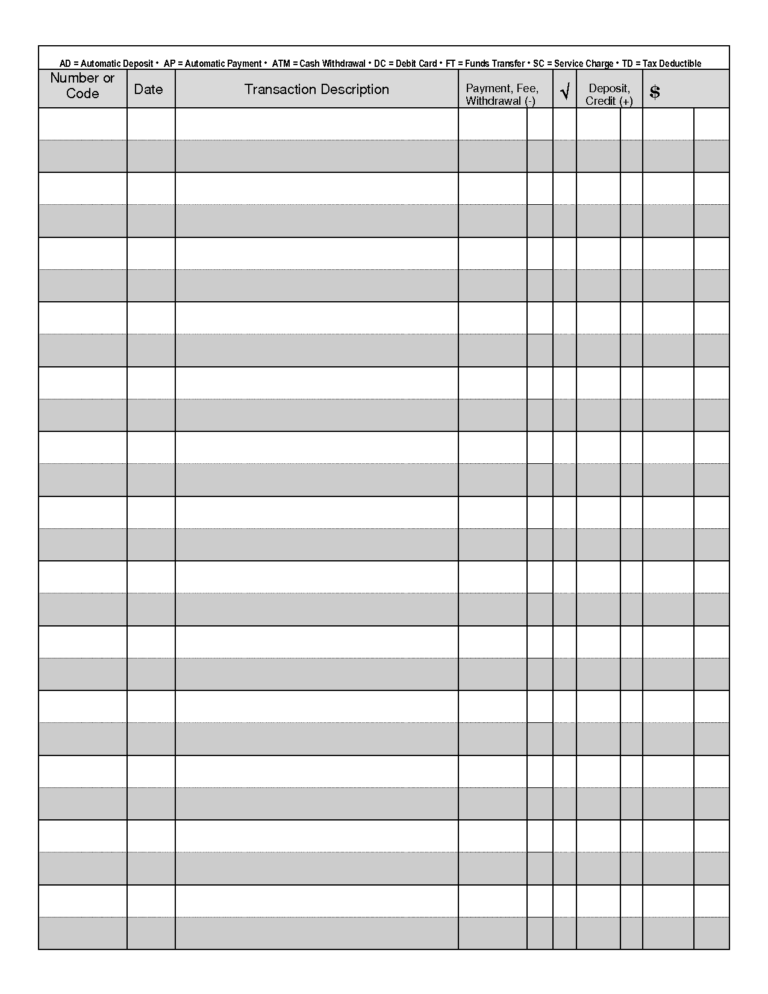 Printable Blank Check Register Template