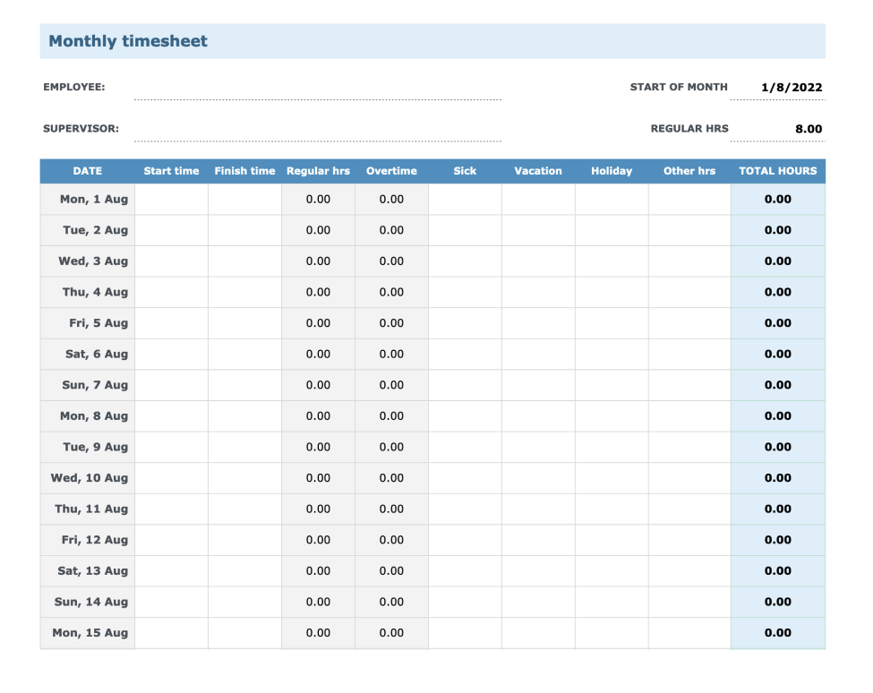 Calendar Timesheet Template