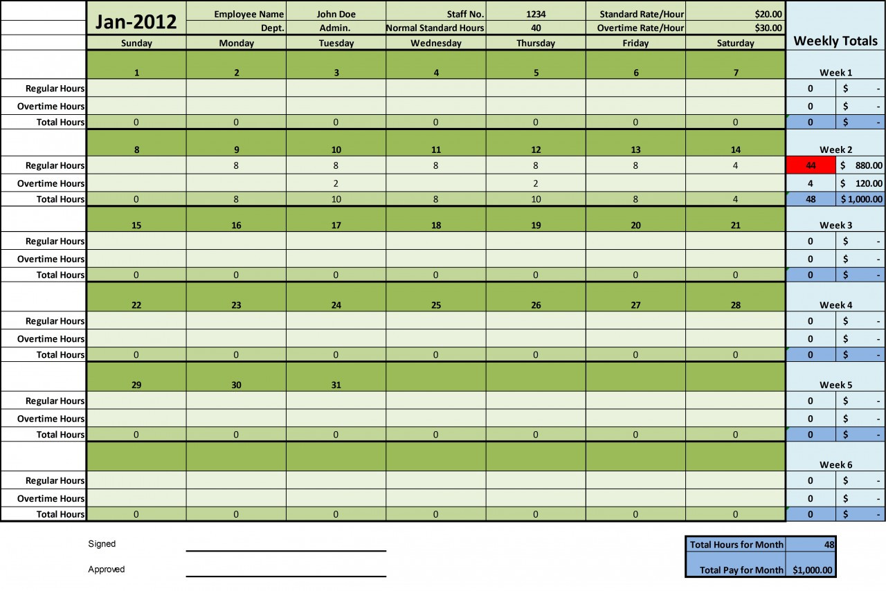 Calendar Timesheet Template