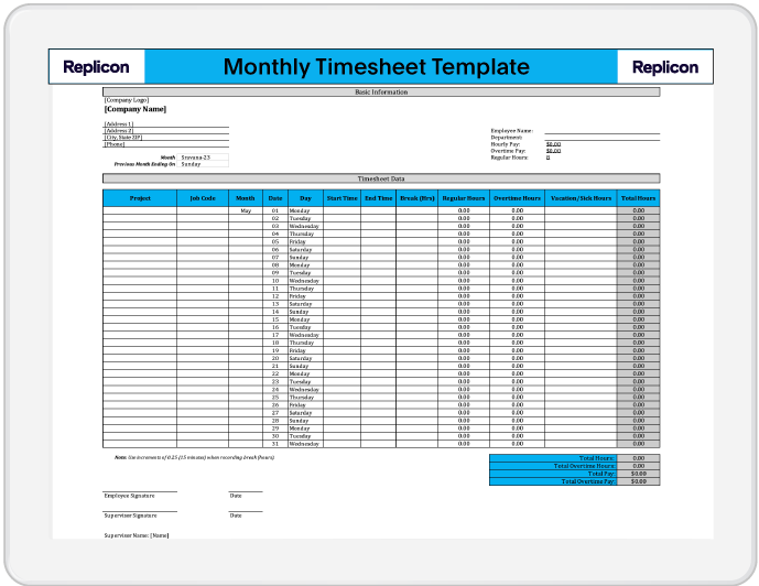 Calendar Timesheet Template