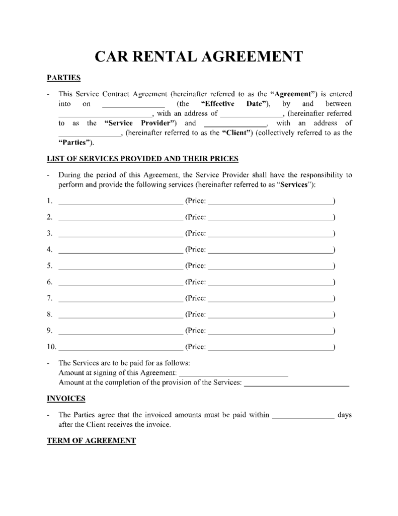 Car Rental Agreement Template