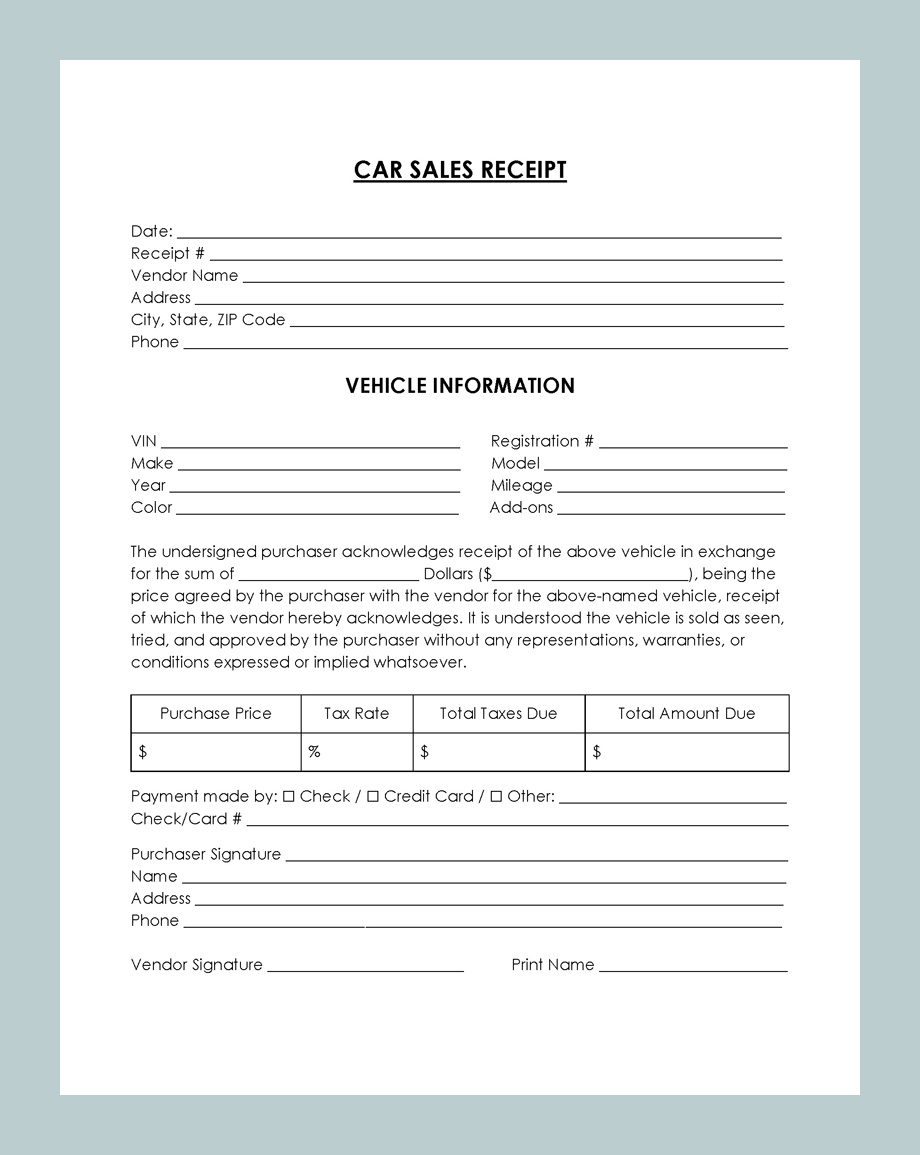 Car Sales Receipt Template Example Car Sales Receipt Template Example