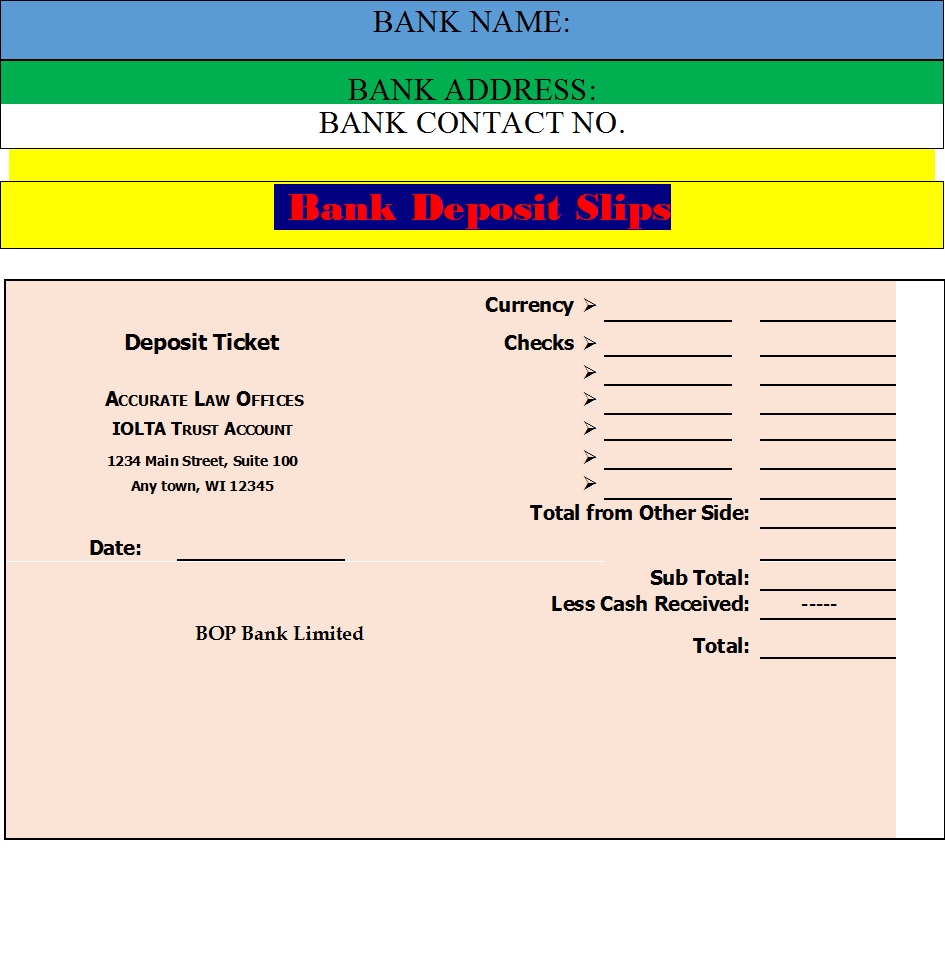 Cash Deposit Ticket Template