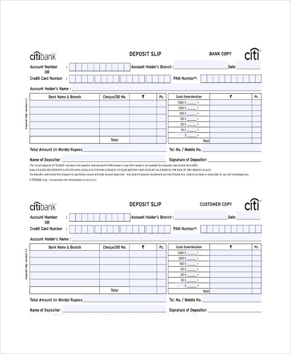 Cash Deposit Ticket Template
