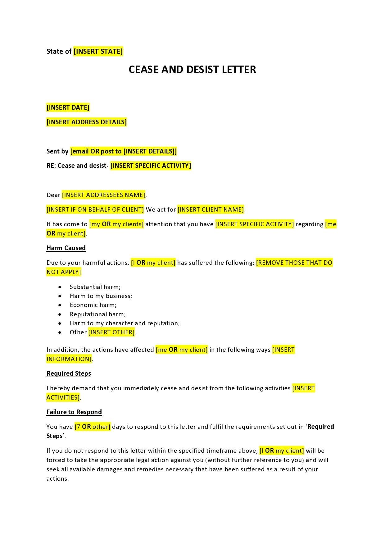 Cease and Desist Letter Template