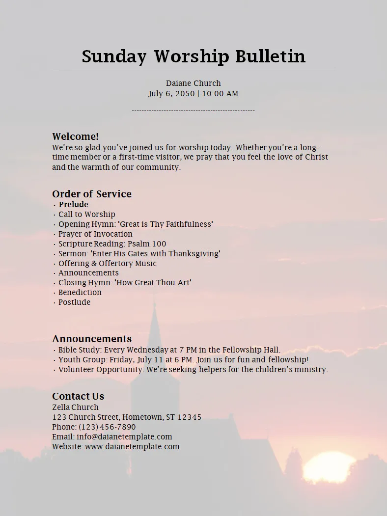 Church Bulletin Template Simple Church Bulletin Template Word