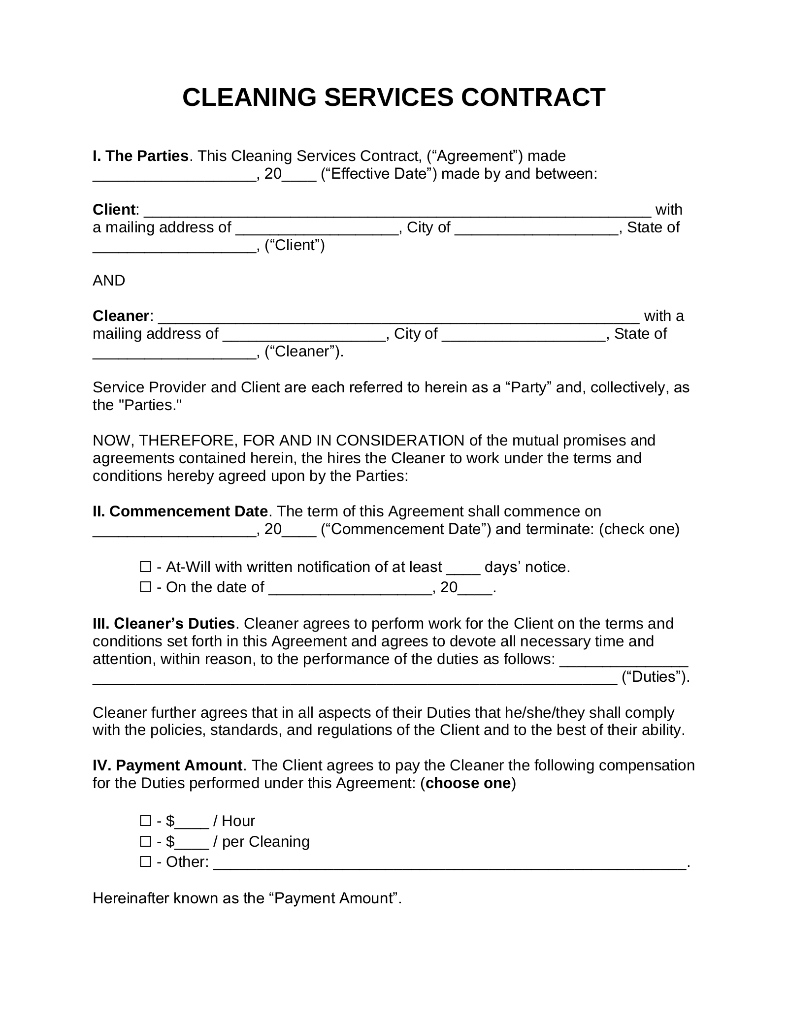Cleaning Service Agreement Template Example