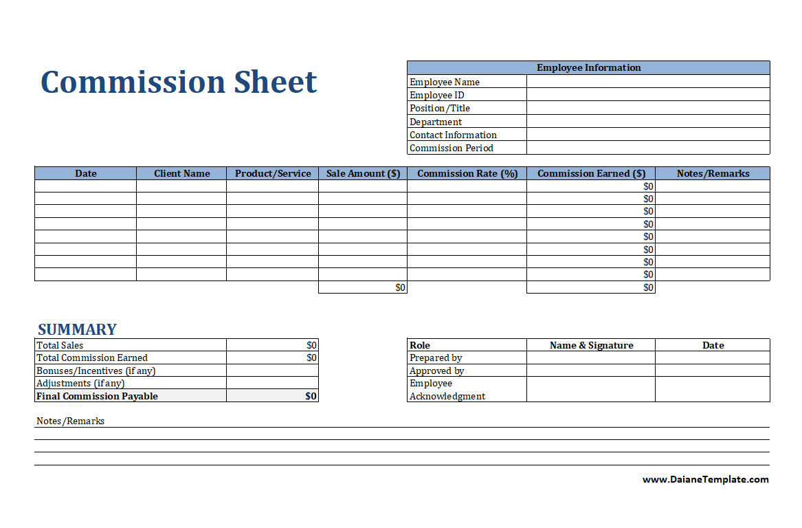 Commission Sheet Template Simple Commission Sheet Template Excel