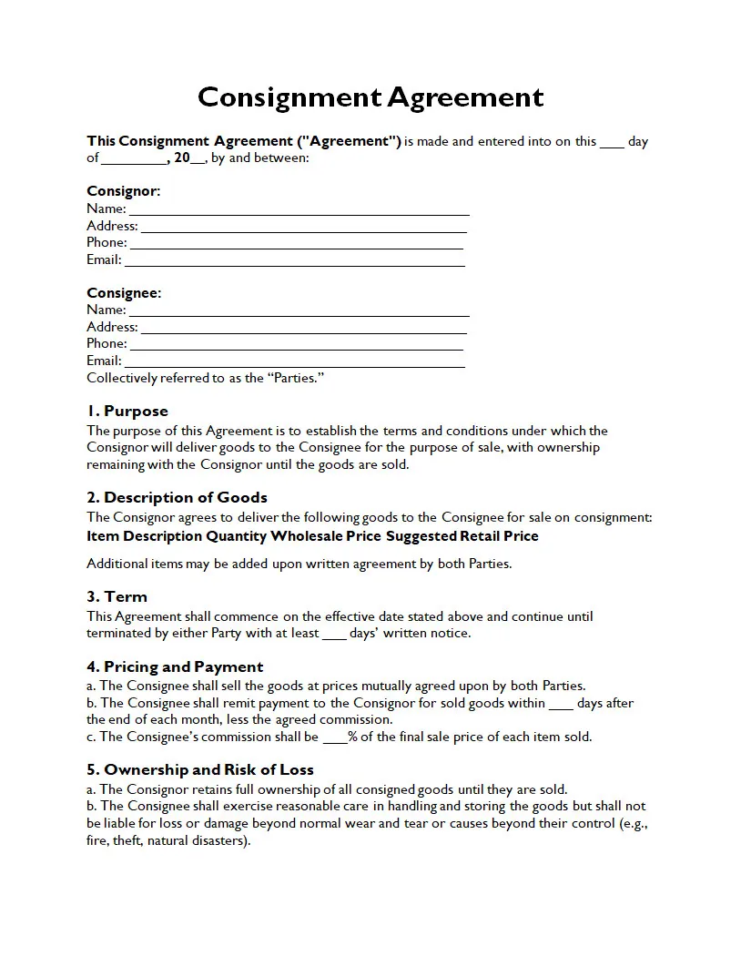 Consignment Agreement Template Simple Consignment Agreement Template Word