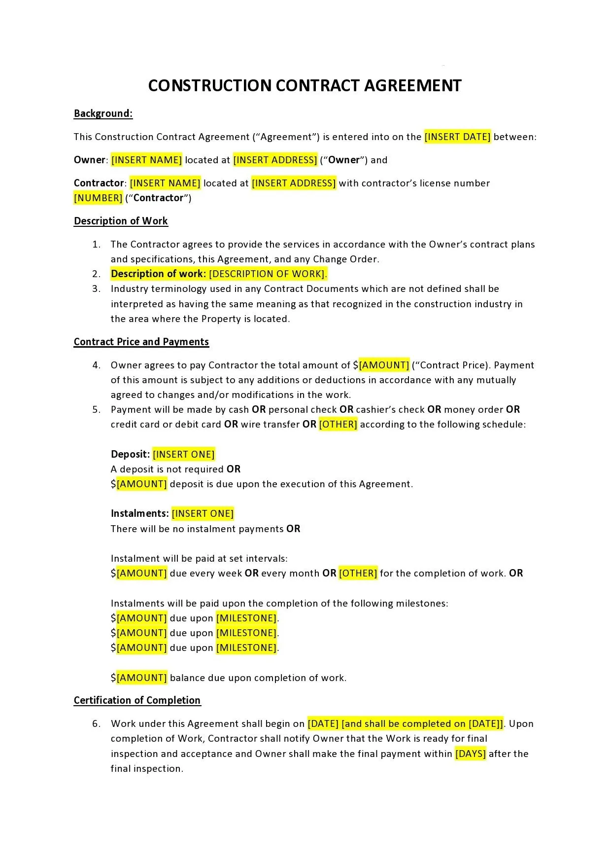 Construction Agreement Template Simple Construction Agreement Template Word