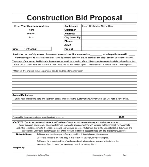 Simple Construction Bid Template Excel
