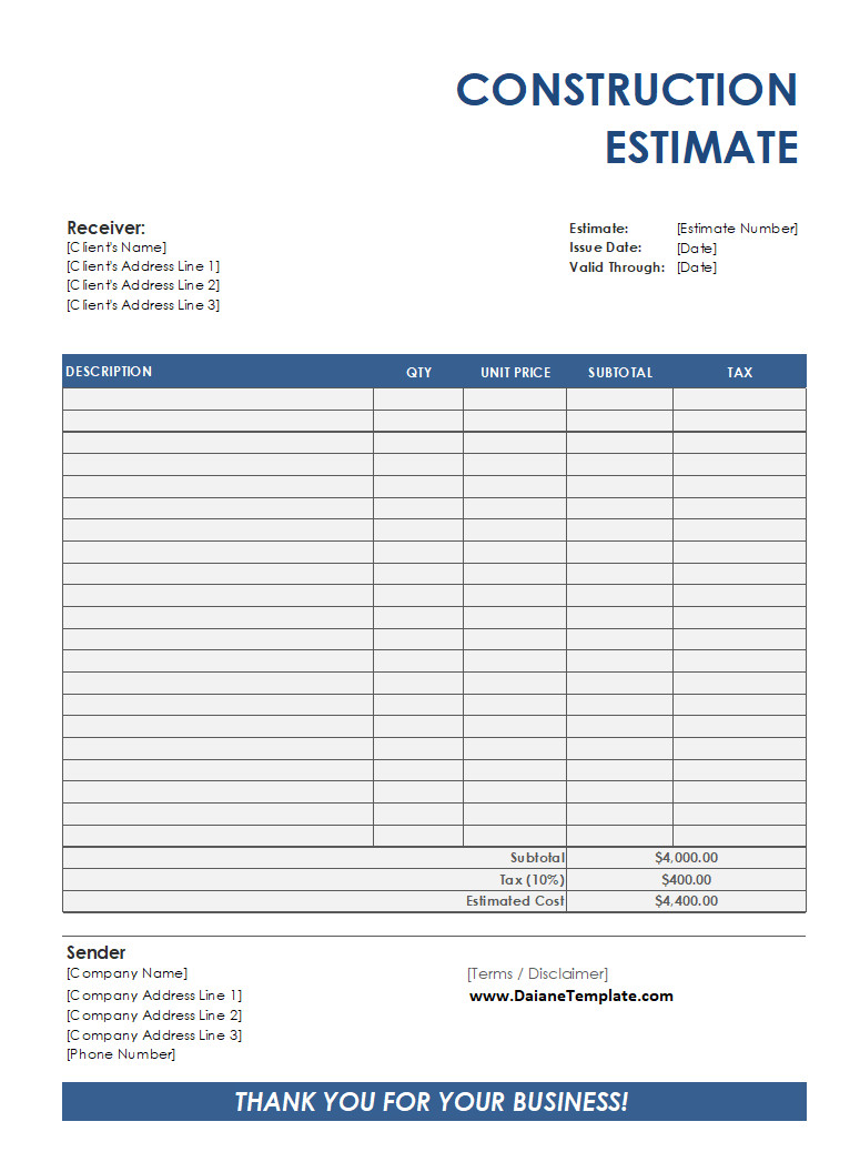 Construction Estimate Template
