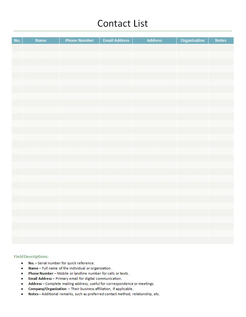 Simple Contact List Template Word