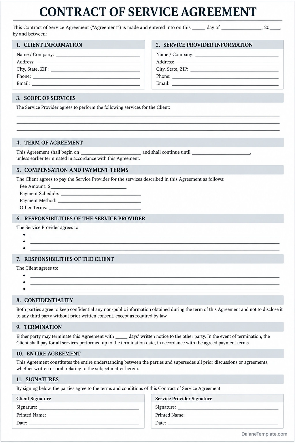 Contract of Service Agreement Template Printable Contract of Service Agreement template showing client and service provider details, scope of services, contract duration, payment terms, responsibilities, confidentiality, termination, and signature sections