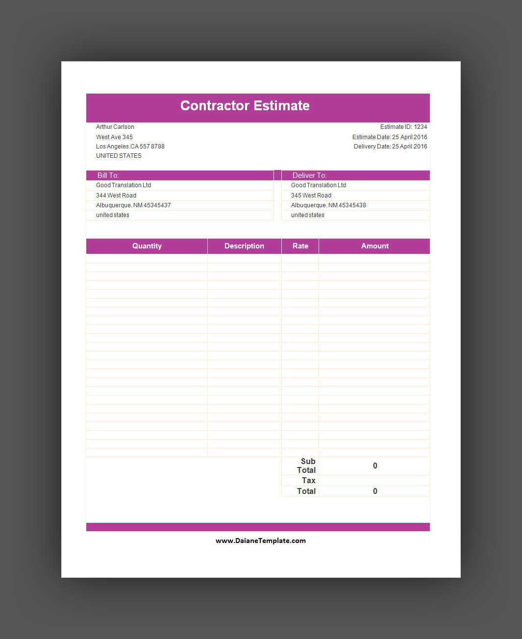 Simple Contractor Estimate Template