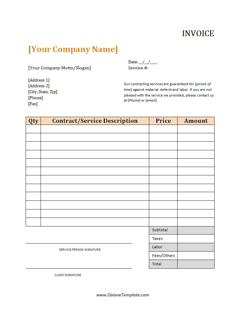 Simple Contractor Invoice Template Word
