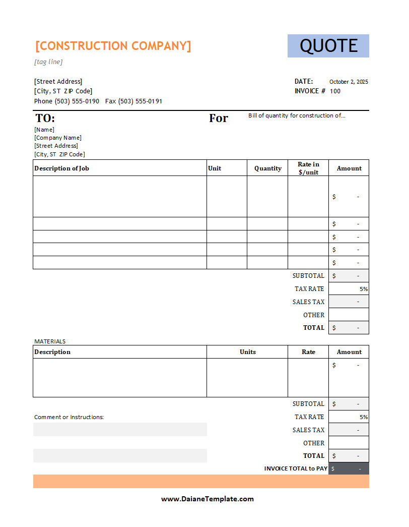Simple Contractor Quote Template