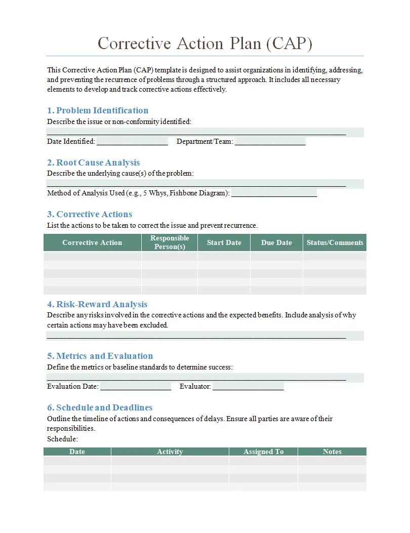 Simple Corrective Action Plan Template Word
