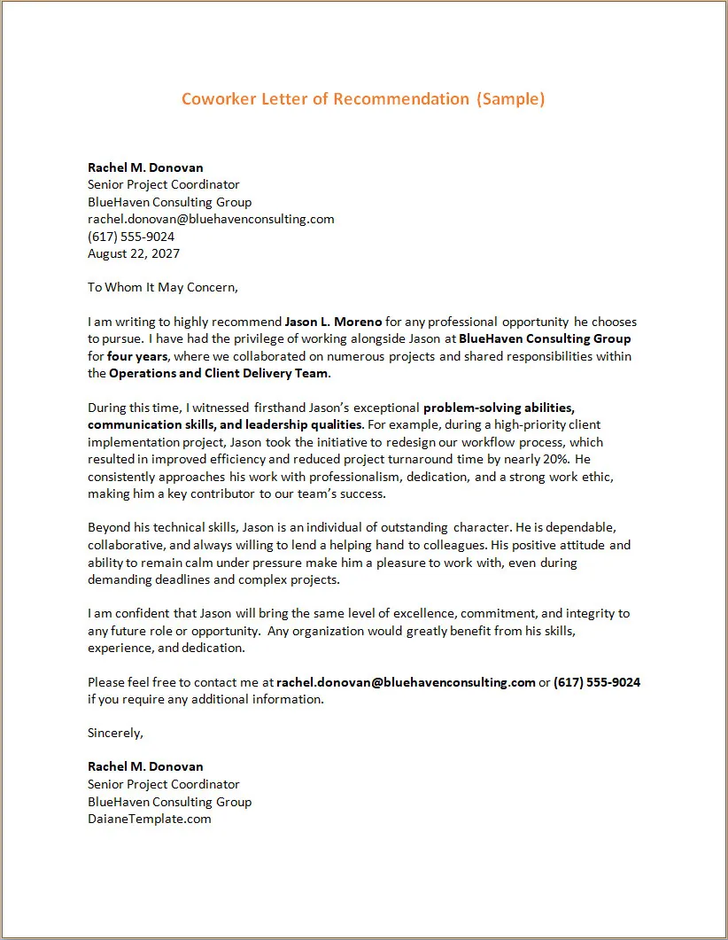 Coworker Letter of Recommendation Template