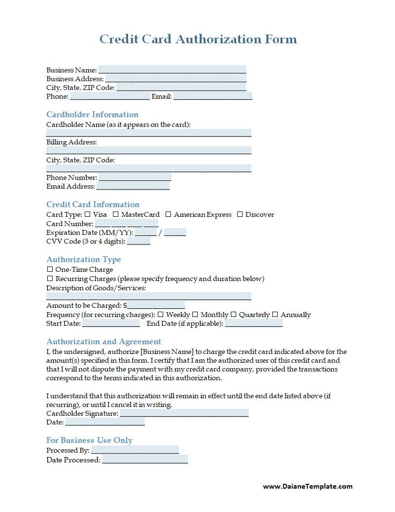 Credit Card Authorization Form Template Credit Card Authorization Form Template
