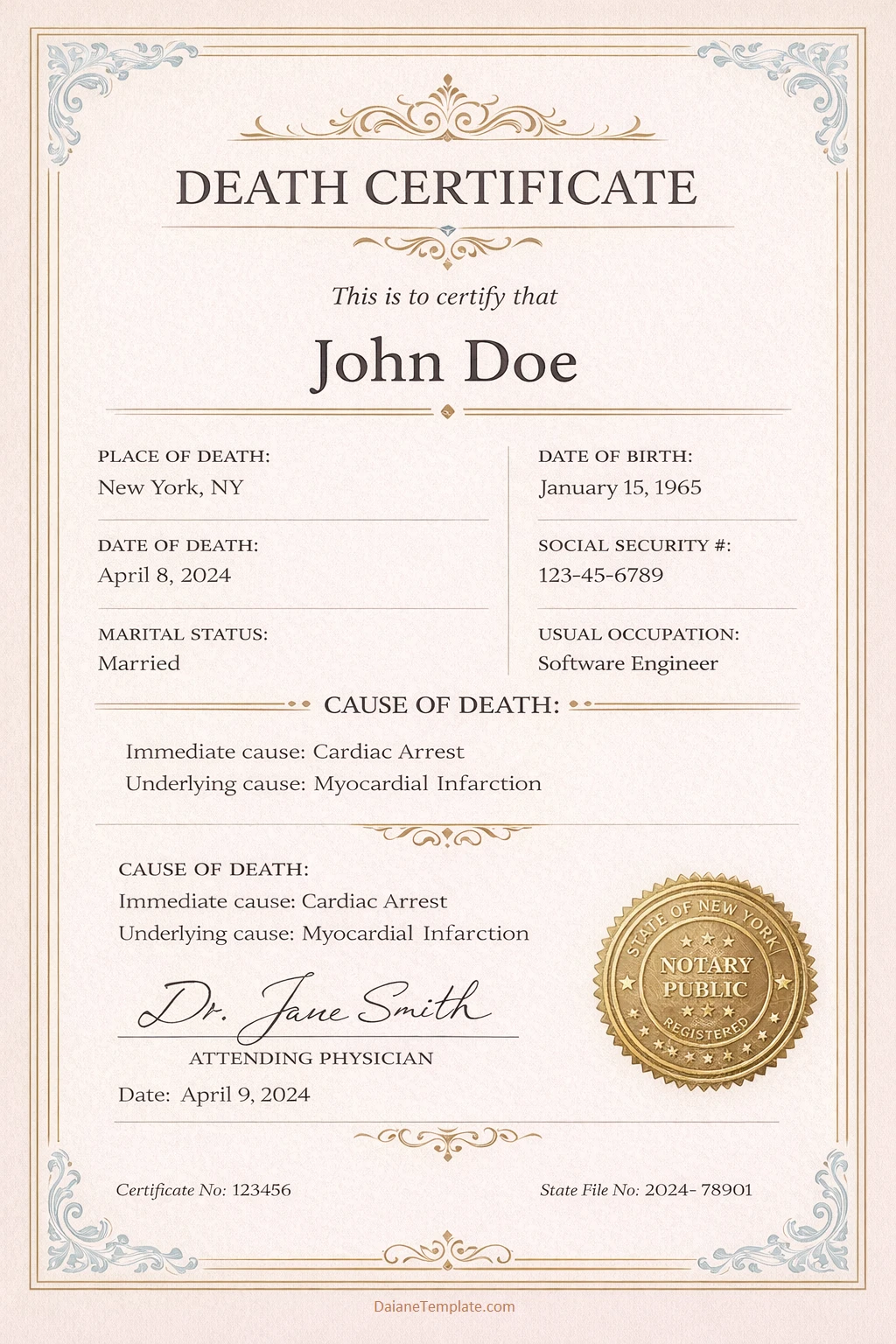 Death Certificate Template Death Certificate Template