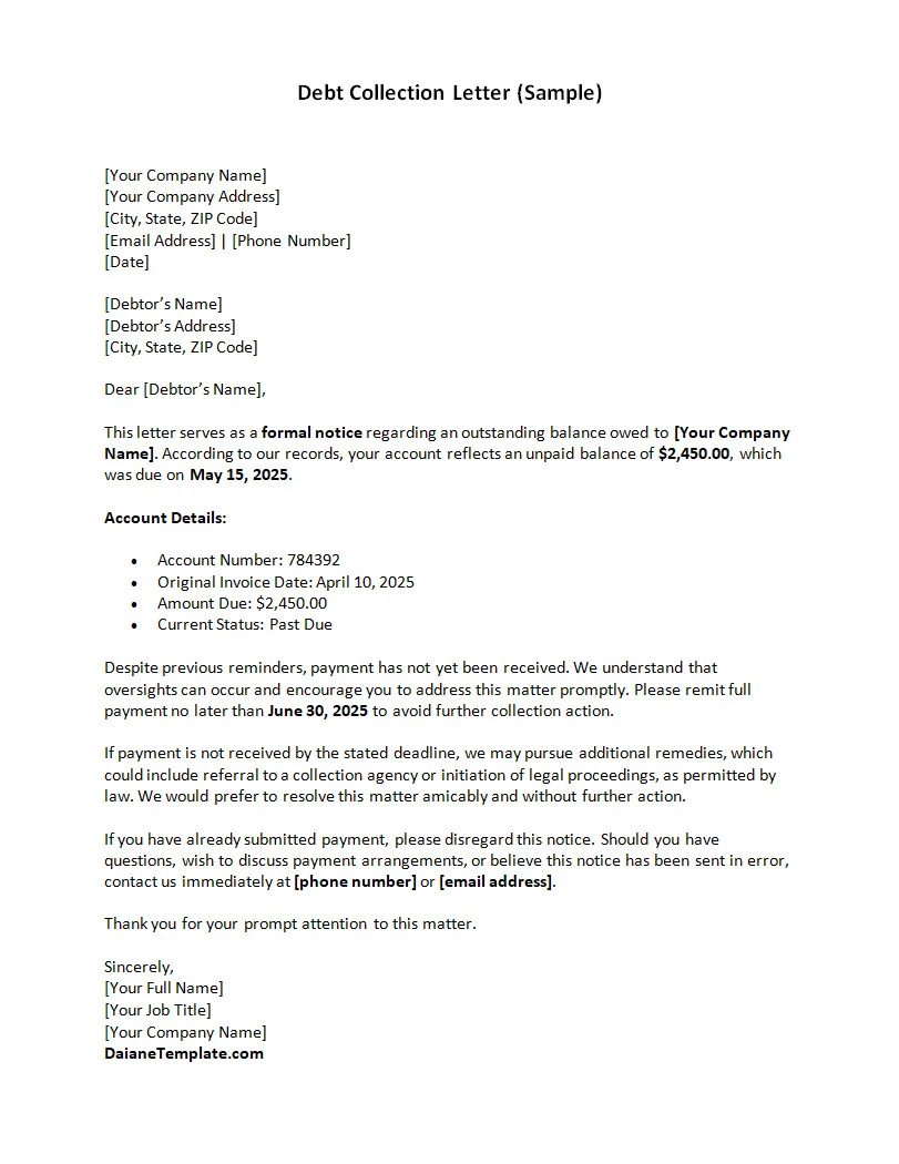 Debt Collection Letter Template