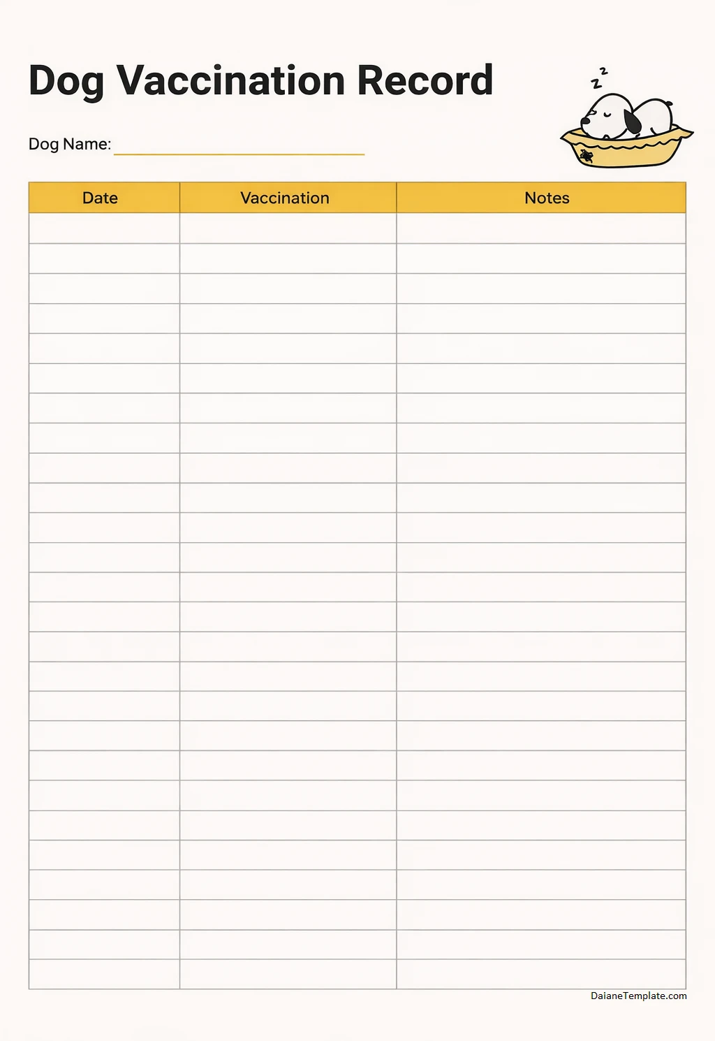 Simple Blank Dog Vaccination Record Template