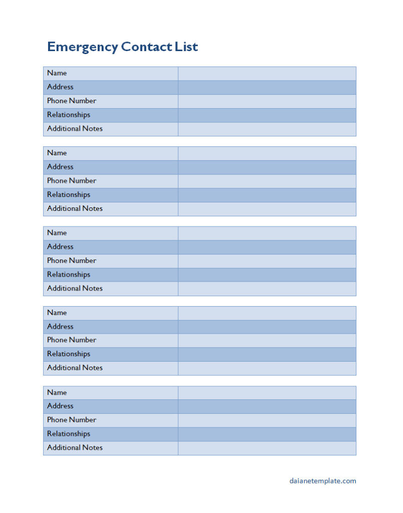 Printable Emergency Contact List Template