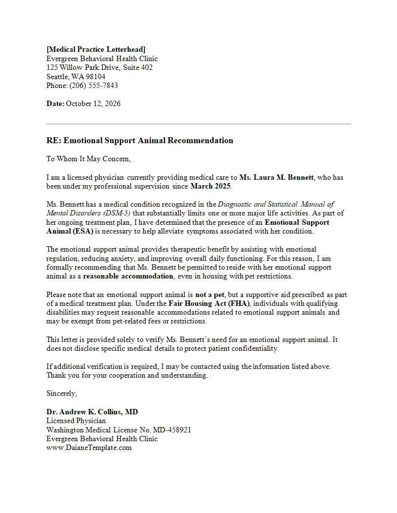 Emotional Support Letter from Doctor Emotional Support Letter Template from Doctor