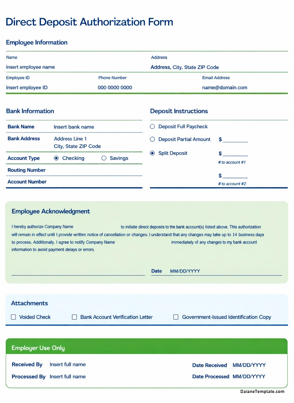 Employee Direct Deposit Form Template