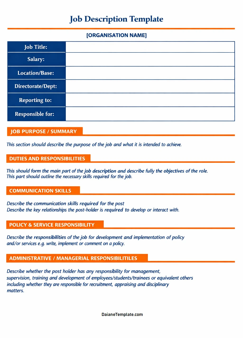 Printable Employee Job Description Template
