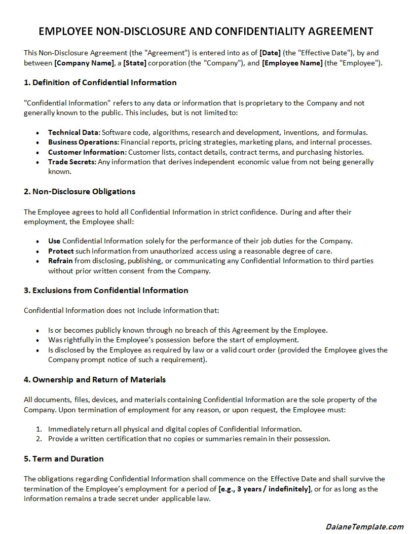 Employee Non-Disclosure Agreement (NDA) Template Word