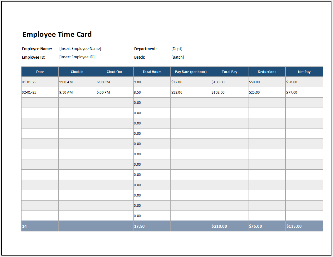 Employee Time Card Template Employee Time Card Template