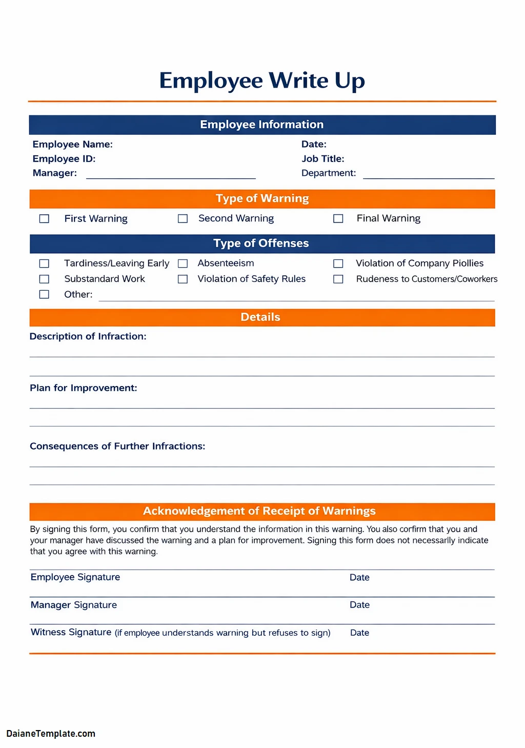 Employee Write-Up Form Template Word PDF