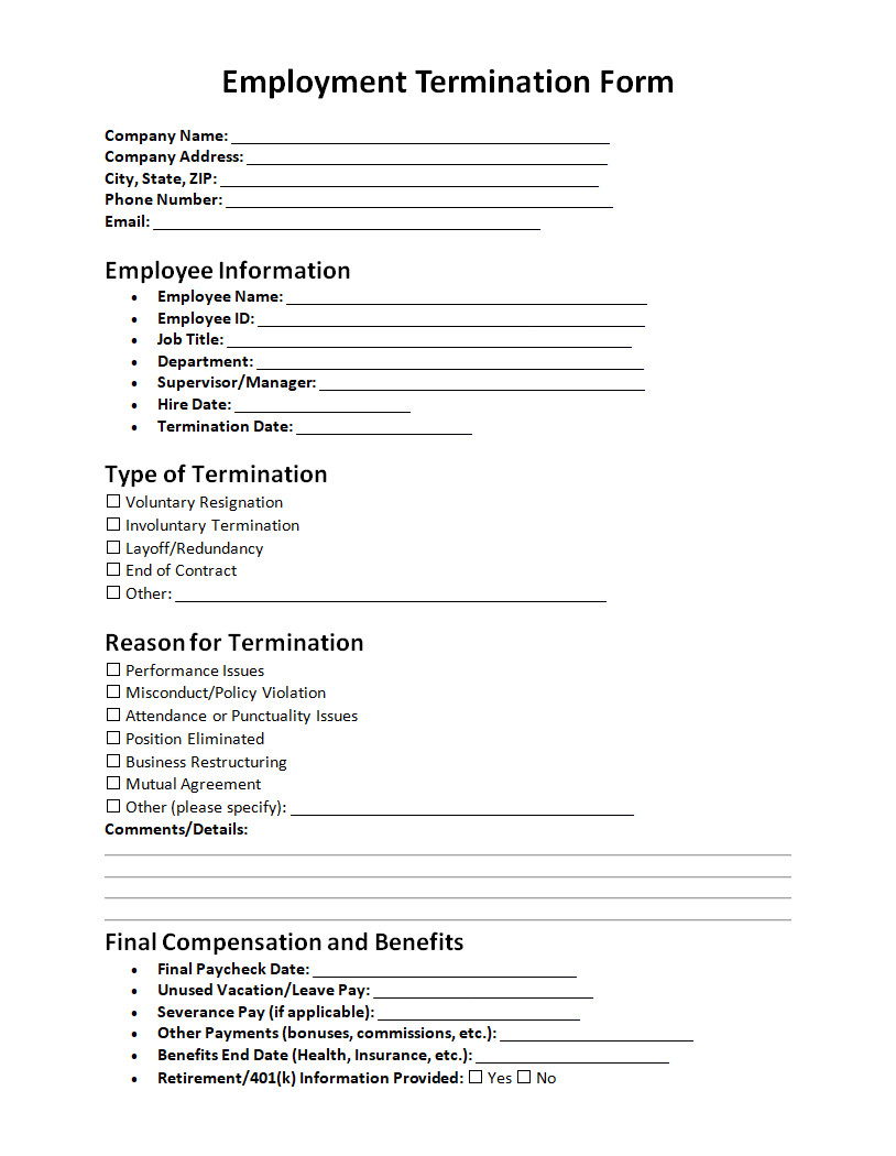 Employment Termination Form Employment Termination Form
