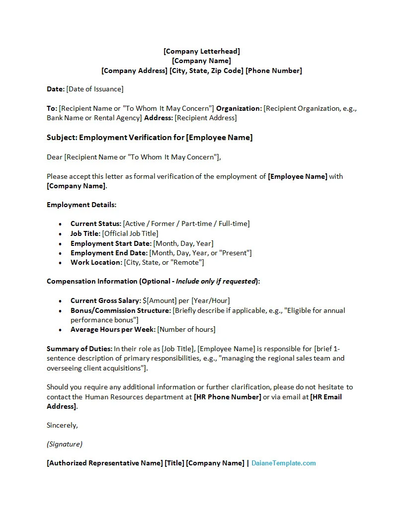 Employment Verification Letter Template Word