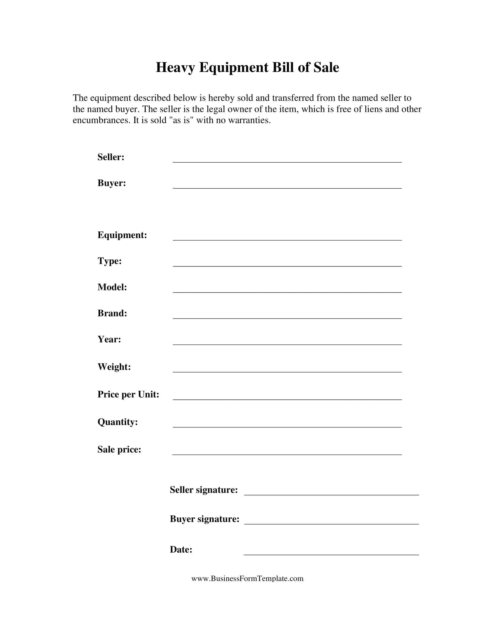 Equipment Bill of Sale Template