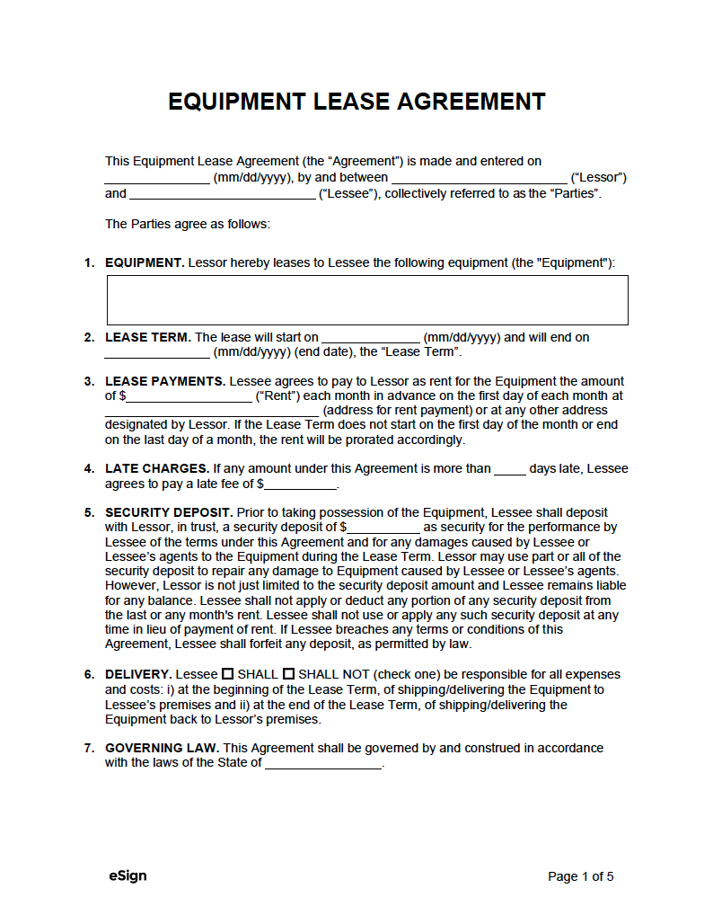 Equipment Lease Agreement Template Equipment Lease Agreement Template