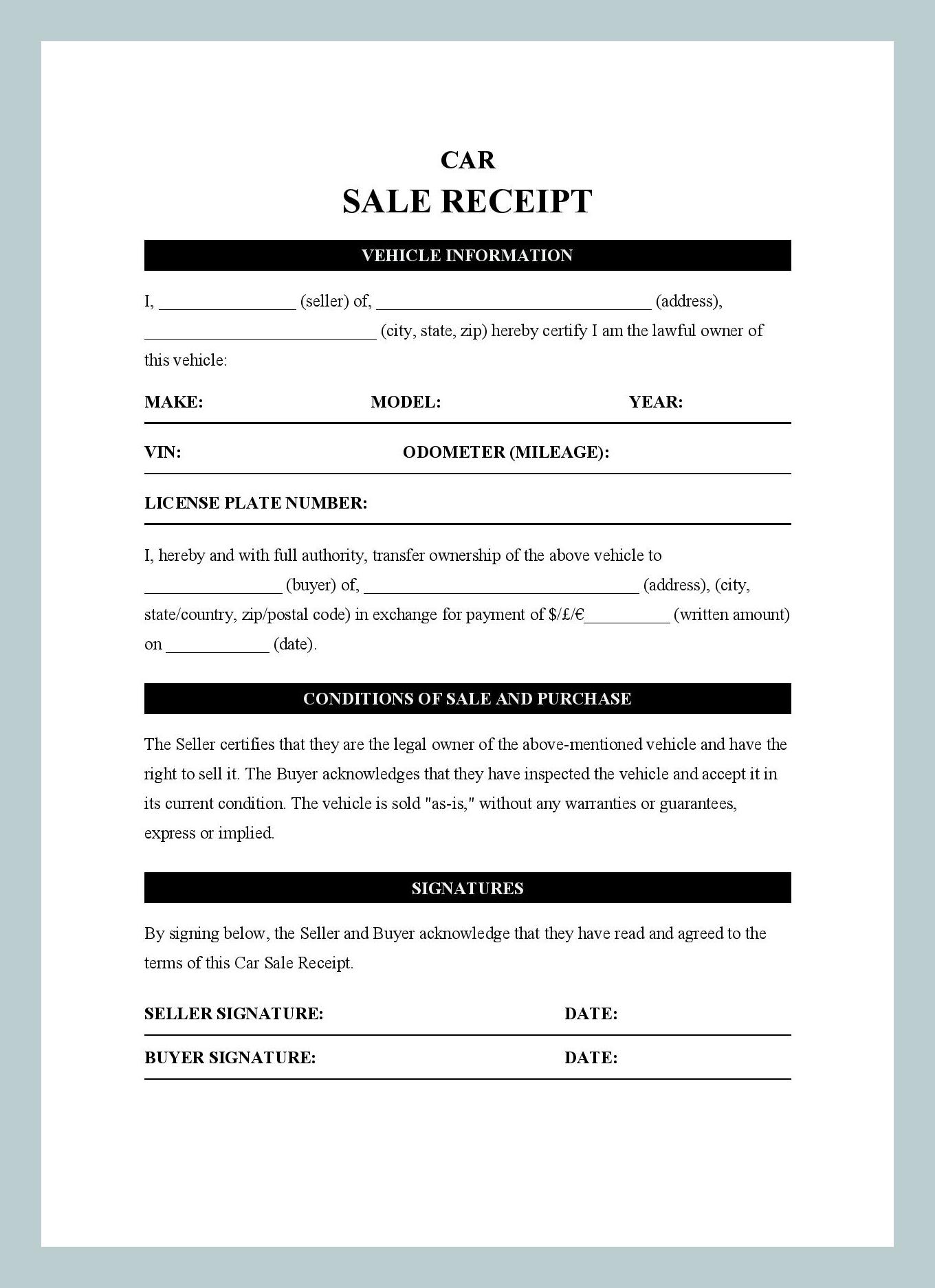 Example Car Sales Receipt Template Example Car Sales Receipt Template