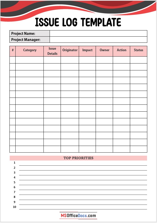 Example Issue Log Template Example Issue Log Template