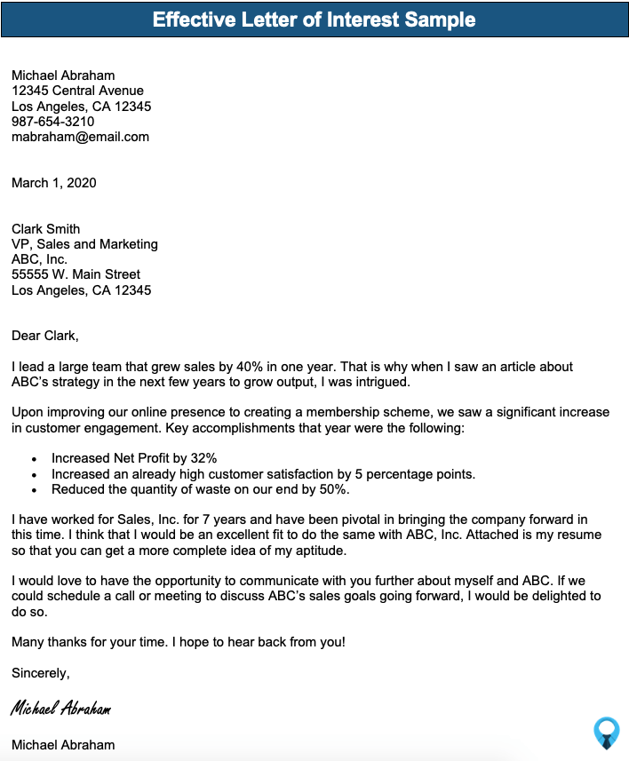 Example Letter of Interest for a Job Template Example Letter of Interest for a Job Template