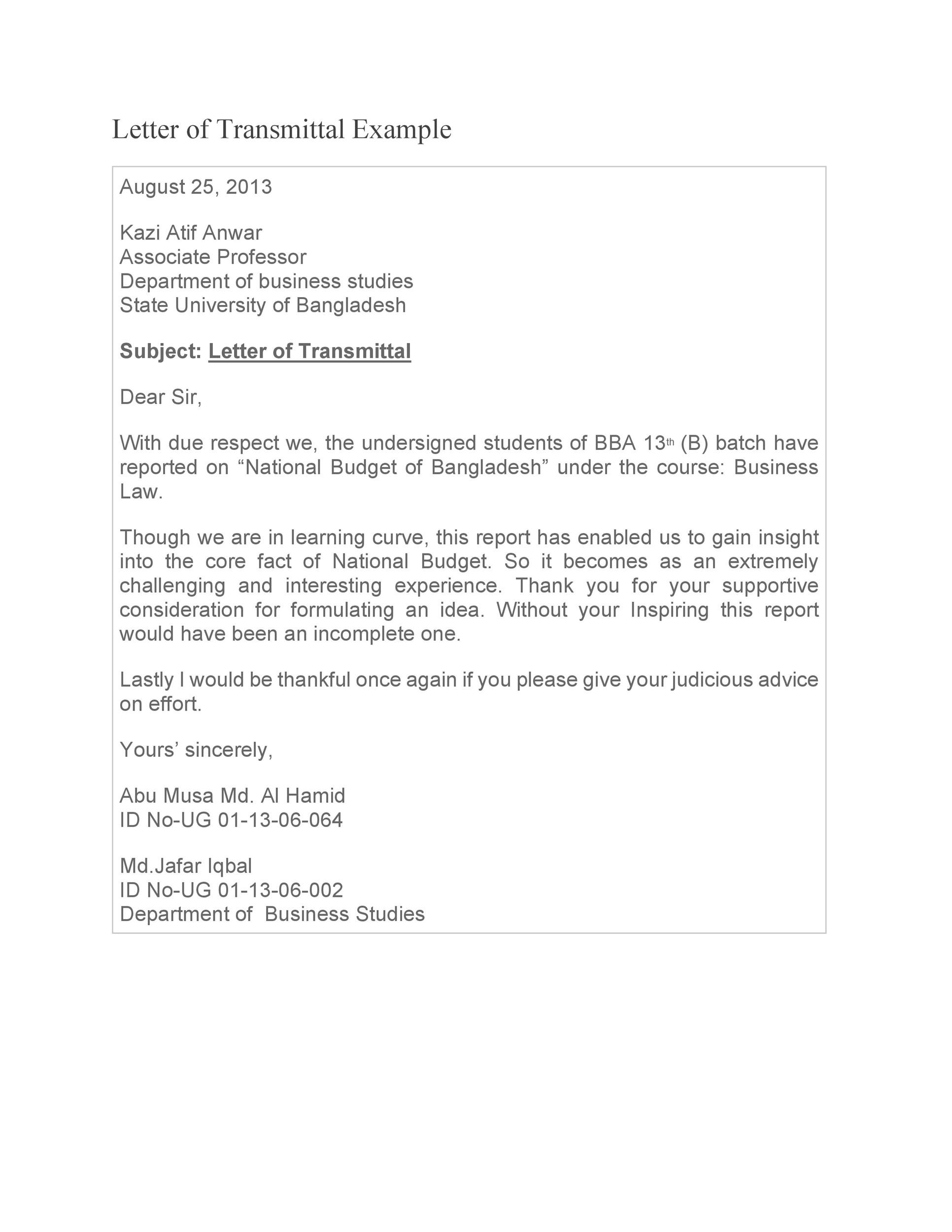 Example Letter of Transmittal Template Example Letter of Transmittal Template