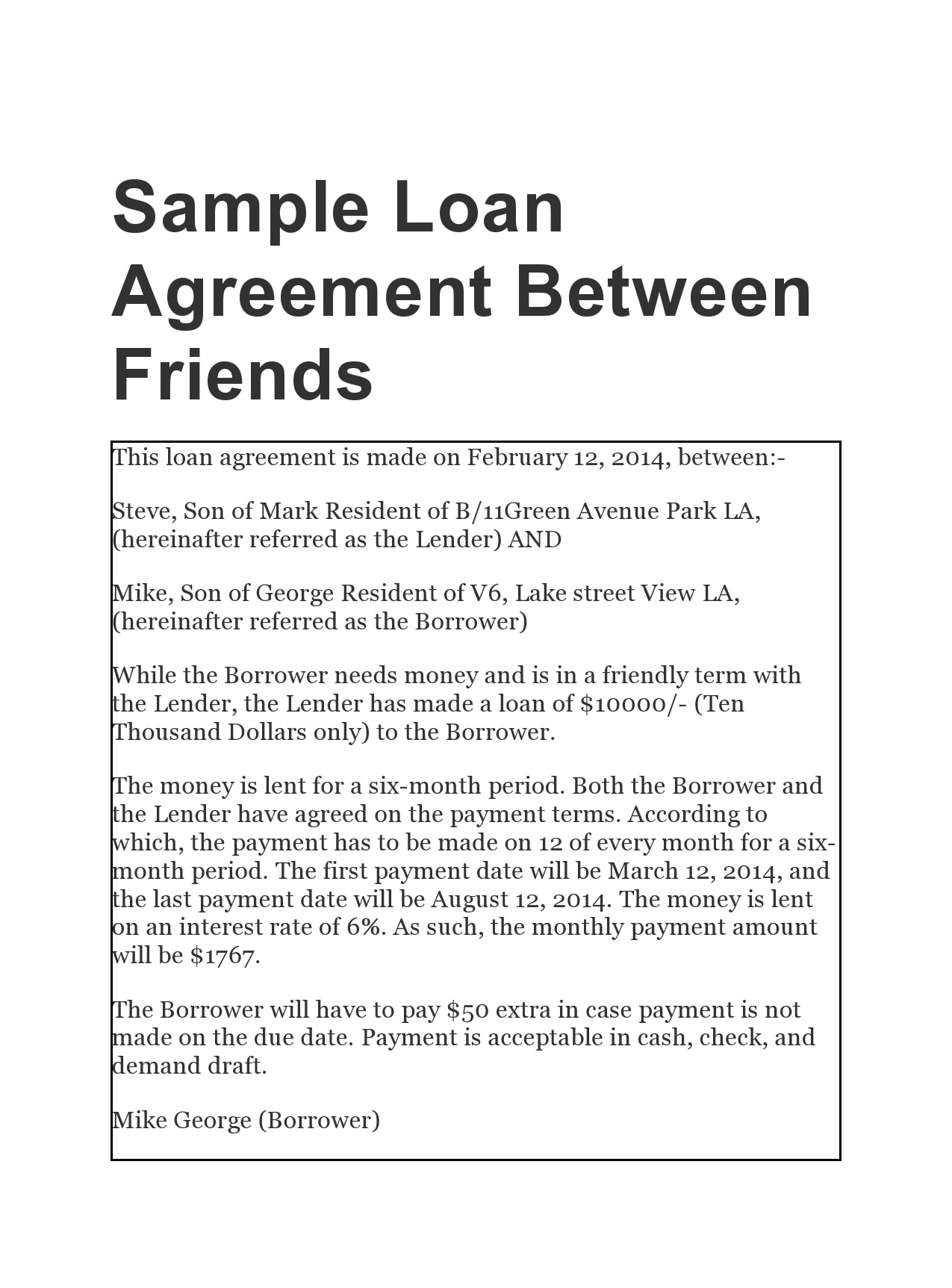 Example Loan Contract Between Friends Example Loan Contract Between Friends
