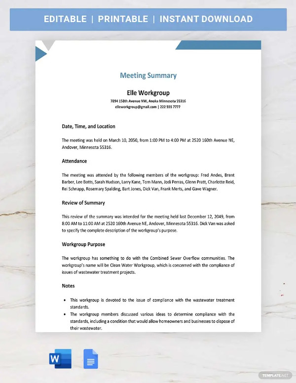 Example Meeting Summary Template Example Meeting Summary Template